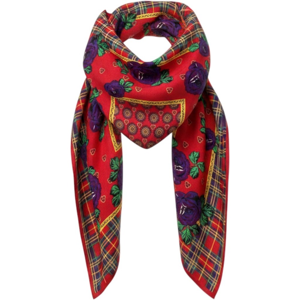 Gap Square Scarf Floral Plaid Red Purple Rayon Made in Italy OS Preppy Glam Boho